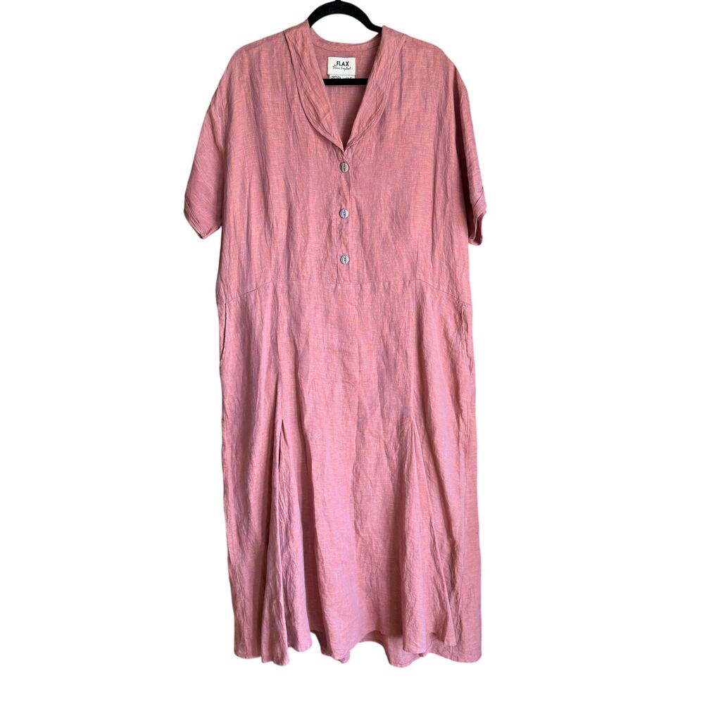Vintage FLAX Linen Shawl Collar Midi Dress Red Pink Size L Lagenlook Minimal